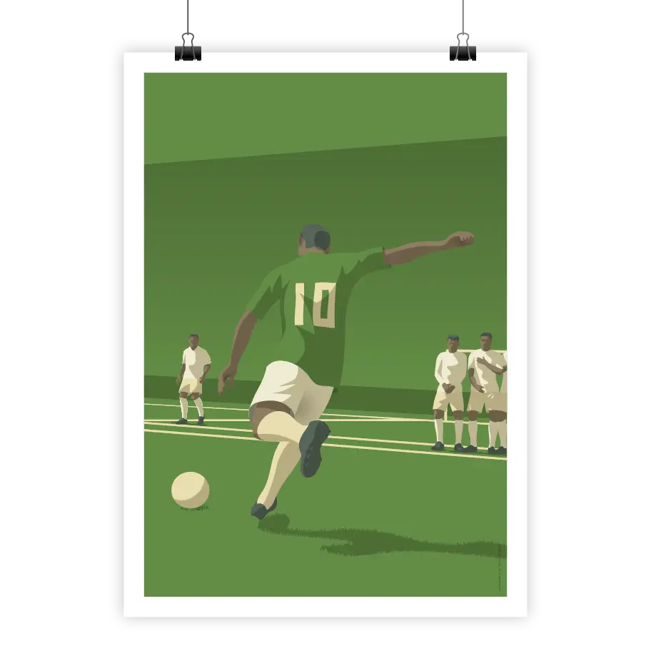 Affiche déco minimaliste d'un joueur de foot tirant un pénalty - teinte verte