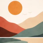 Paysage minimaliste avec un grand soleil orange sur des collines ondulées rouges, beiges et vertes. Fond beige.