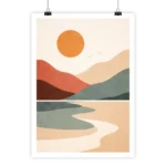 Paysage abstrait avec collines rouges, brunes, vertes; grand soleil orange; chemin sinueux beige-vert, tons terreux pastels.